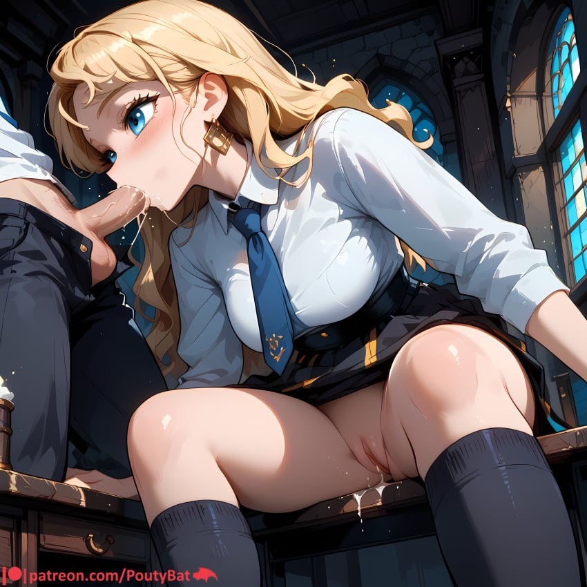 1girls ai_generated blonde_female blonde_hair blowjob blowjob_face blue_eyes bookshelf cum cum_dripping_out_of_pussy cum_in_pussy female from_below harry_potter harry_potter:_hogwarts_mystery hogwarts library long_hair luna_lovegood necktie poutybat pussy pussy_juice school school_uniform silver_eyes skirt socks student sucking sucking_penis wavy_hair white_shirt white_skin white_skinned_female