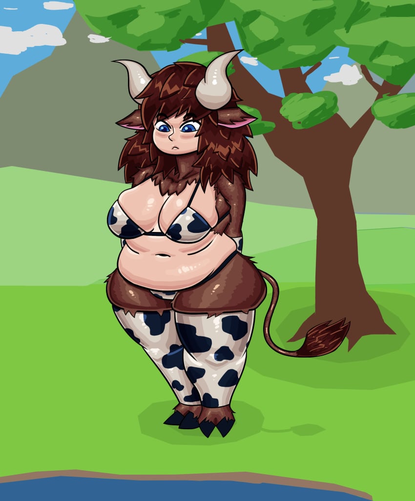 axvywea big_belly big_breasts bikini blue_eyes blush breast_press breasts brown_fur chubby chubby_ass chubby_belly chubby_female cow_bikini cow_ears cow_girl cow_horns cow_print cow_print_bikini cow_tail cowgirl furry furry_ears furry_female furry_tail highlights_(coloring) hips hips_wider_than_shoulders horn horns hucow large_breasts larger_female nsfw tail thick_hips thick_thighs thighs