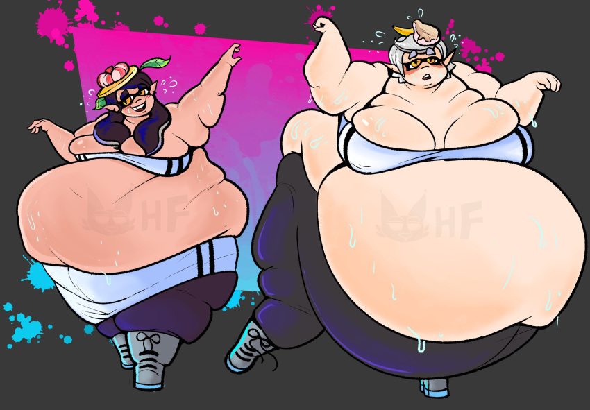 2d_(artwork) 2d_artwork bbw big_breasts black_hair black_pants boots callie_(splatoon) callie_(summer_nights) fat gray_boots grey_boots huge_belly hugefloppa marie_(splatoon) marie_(summer_nights) nintendo obese splatfest splatoon splatoon_3 summer_nights_splatfest sweat sweating sweaty white_hair white_skin yellow_eyes