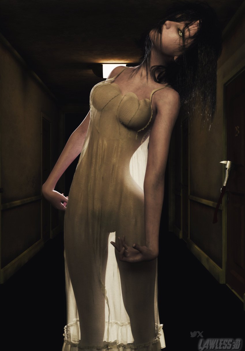 1girls 3d asian asian_female black_hair female ghost ghost_girl hallway horror lawless3d looking_at_viewer monster_girl pubic_hair pussy pussy_visible_through_clothes solo translucent_clothing yellow_eyes