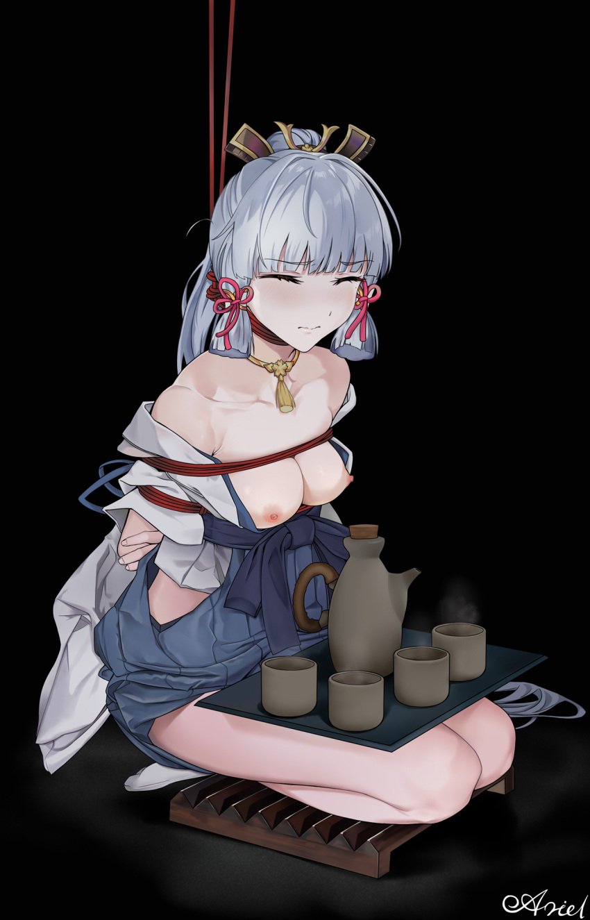 ariel_(user_kear2553) arms_behind_back bare_shoulders bondage breasts closed_eyes dress genshin_impact grey_hair hair_ribbon highres ishidaki kamisato_ayaka long_hair medium_breasts restrained ribbon sitting skirt tea tea_set torture