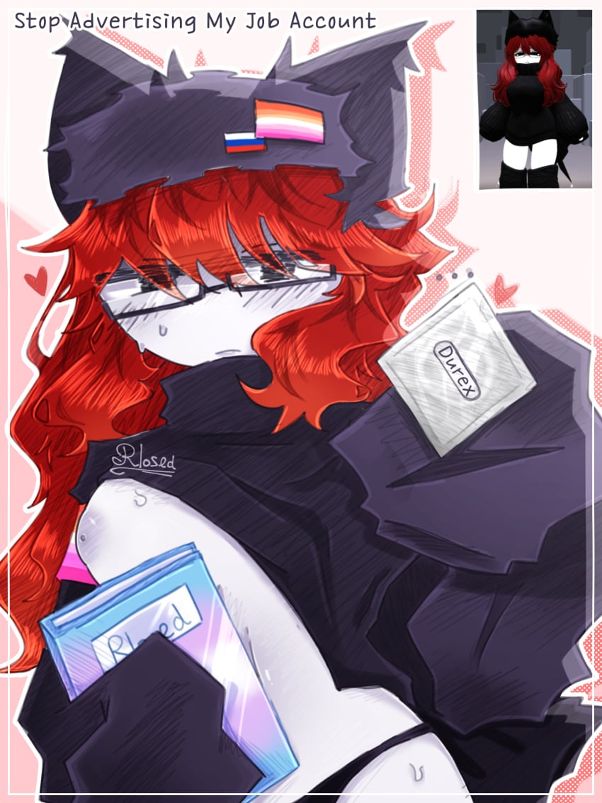 1girls areolae black_eyes breasts condom girl long_hair oc one_breast_out panties red_hair reference_image rlosed roblox roblox_avatar robloxian self_upload sweater sweater_lift tagme white_skin