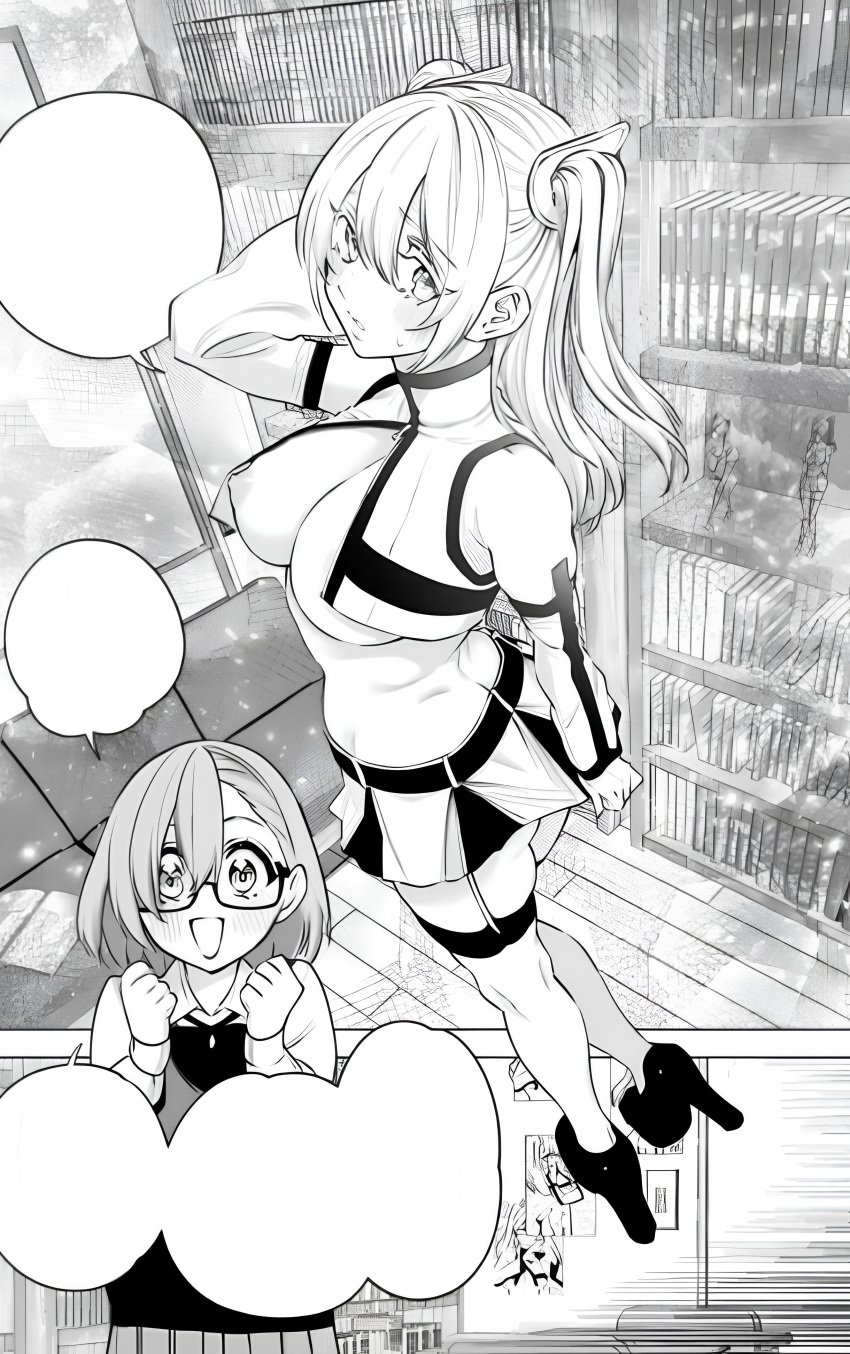 2.5_jigen_no_ririsa abe_marina amano_ririsa bare_belly bare_shoulders black_and_white blush breasts cosplay detached_sleeves garter_straps glasses hashimoto_yuu high_heels huge_breasts indoors liliel_(cosplay) long_hair long_sleeves manga nipples official_art open_jacket open_mouth parted_lips school_uniform short_hair skirt skirt_pull smile sweatdrop thick_thighs thighhighs thighs twintails