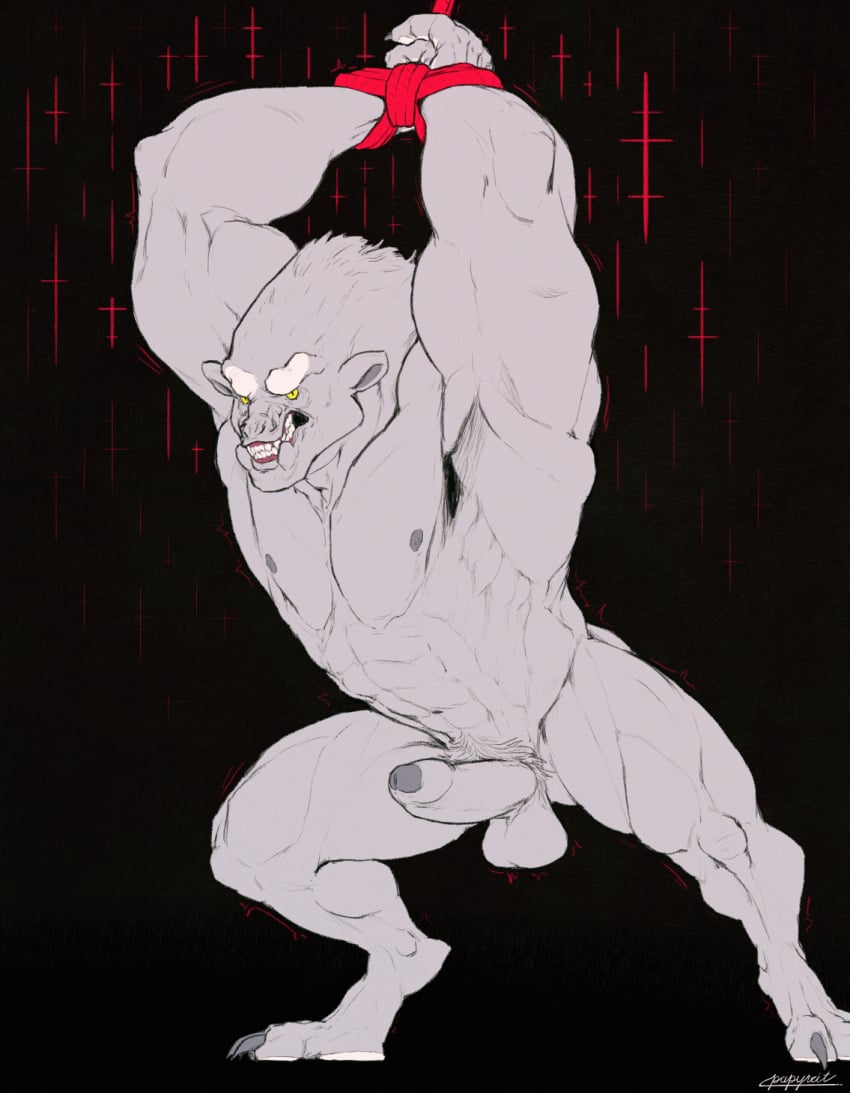 abs angry anthro arms_above_head ass balls bared_teeth biceps big_muscles bondage bondage bound claws clenched_teeth digitigrade erection foreskin fur genitals grey_body grey_fur hi_res humanoid_genitalia humanoid_penis leeds looking_at_viewer male monster muscular muscular_anthro muscular_male nipples obliques papyreit pecs penis pubes restraints rope rope_around_wrist rope_bondage snarling solo teeth triceps yellow_eyes