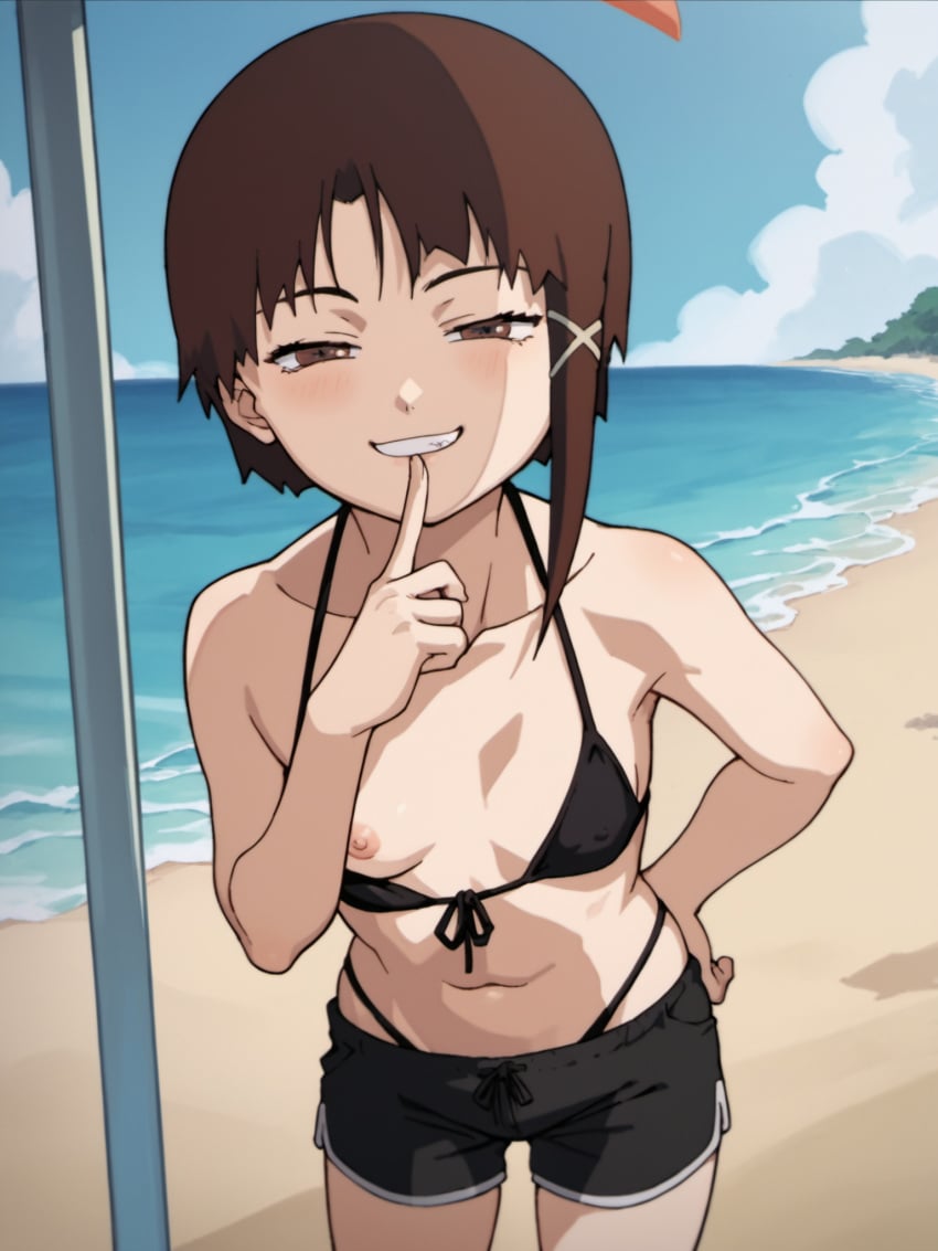 1girls ai_generated beach bikini brown_eyes brown_hair flat_chest front-tie_bikini lain_iwakura looking_at_viewer one_breast_out outdoors serial_experiments_lain shorts small_breasts solo swimsuit tagme wardrobe_malfunction whale_tail_(clothing)