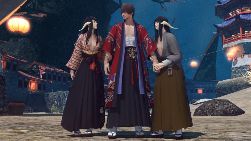 1boy 2girls 3d au_ra final_fantasy final_fantasy_xiv hi_res kyubisan mother_and_daughter square_enix warrior_of_light_(ff14) yugiri_mistwalker yukata yunagi_sui