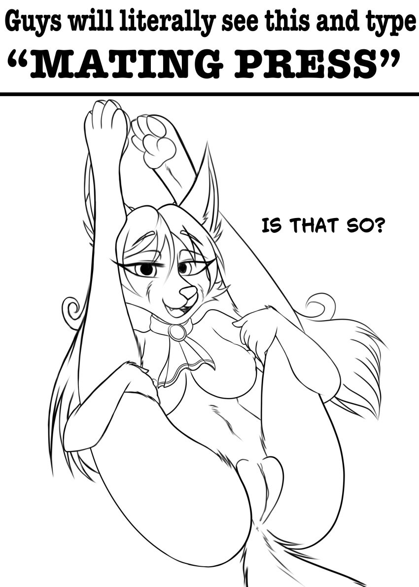 absurd_res amaya_claire anthro ascot ascot_only asking_viewer bedroom_eyes black_and_white canid canine canis caramelfox cute_fangs dialogue eyebrow_through_hair eyebrows eyelashes fangs female flirting flirting_with_viewer fluffy fluffy_tail from_front_position genitals guys_will_literally_see_this_and_type hair hi_res leg_grab legs_up line_art long_hair looking_at_viewer mammal mating_press meme_pose monochrome mostly_nude narrowed_eyes navel neckwear neckwear_only nipples open_mouth pawpads paws pointy_ears presenting presenting_pussy pussy question question_mark seductive sex simple_background smug smug_eyes smug_face solo tail teeth translucent translucent_hair twintails wolf wolf_tail