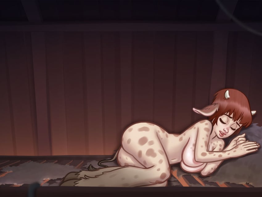 1girls 2d 2d_(artwork) animal_humanoid areolae ass big_breasts breasts brown_hair closed_eyes cow_ears cow_girl cow_spots curvaceous curves curvy curvy_body curvy_female curvy_figure daisy_(summertime_saga) darkcookie digital_drawing_(artwork) digital_media_(artwork) female female_focus female_only nipples on_side sleep sleeping solo solo_focus summertime_saga tail thick_thighs