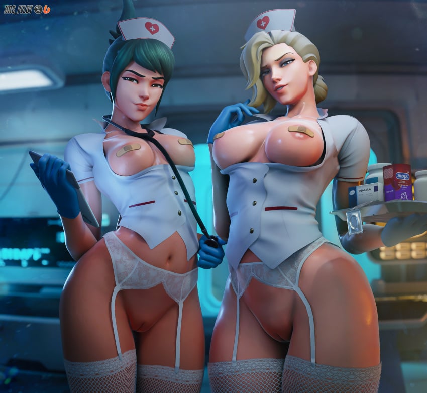 2girls 3d areola_slip areolae bandaid bandaids_on_nipples big_breasts blonde_hair blue_eyes breasts brown_eyes condom female female_only garter_belt garter_straps gloves green_hair hair hair_bun handwear hasfeldt hat headwear hips holding_plate kiriko_(overwatch) lace lace-trimmed_garter_belt lace-trimmed_thighhighs lace_trim lingerie medium_breasts mercy neckwear nurse nurse_cap nurse_clothing nurse_uniform overwatch plate pussy stethoscope thighhighs thighs vagina white_thighhighs