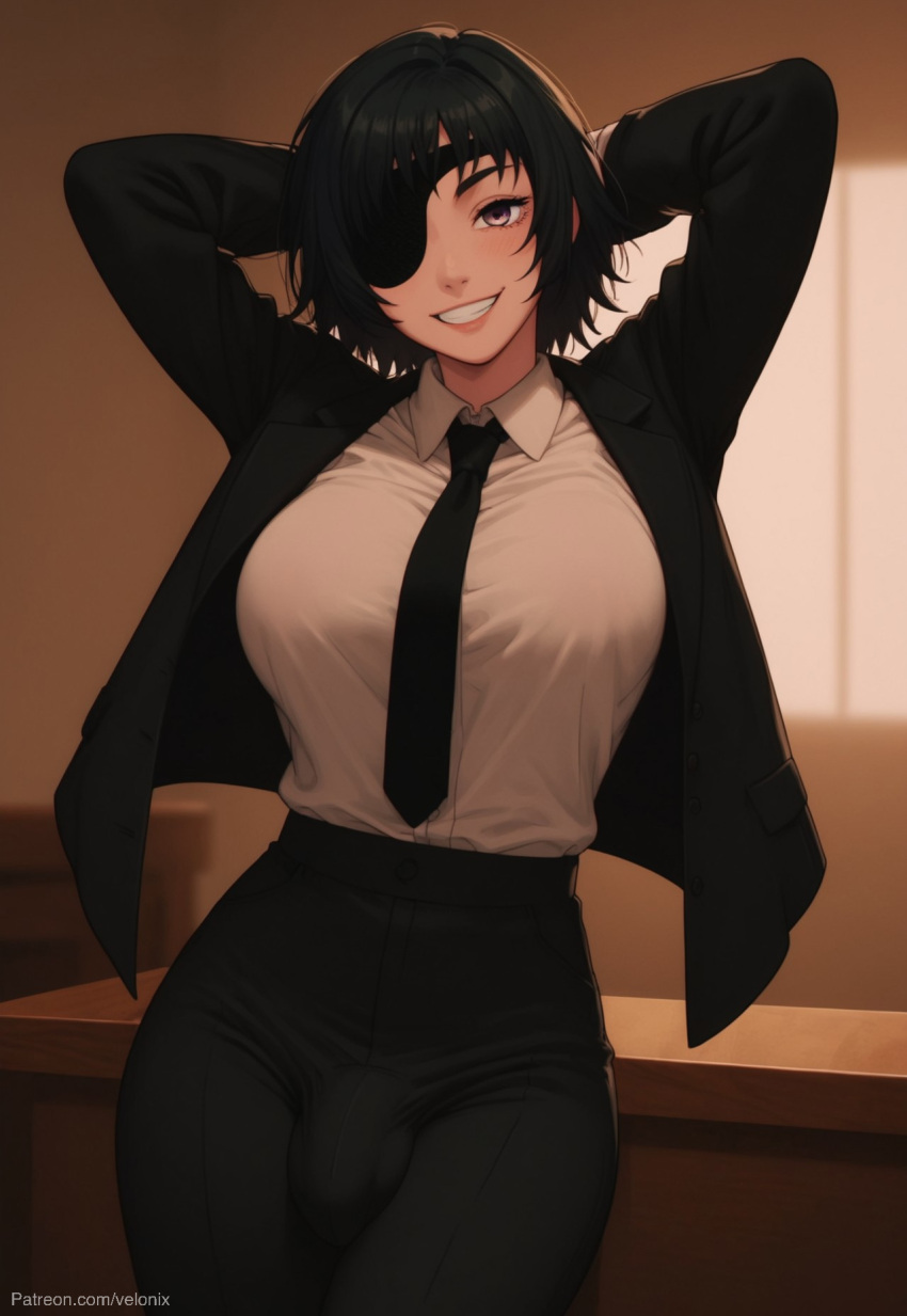 1futa ai_generated ass balls big_ass big_breasts big_butt big_hips big_penis black_eyes black_hair black_jacket black_pants black_tie breasts bulge bulge_through_clothing business_attire business_suit business_woman chainsaw_man cleavage dick dickgirl eyebrows eyelashes eyepatch futa_only futanari grin grinning grinning_at_viewer hands-free hands_behind_head himeno_(chainsaw_man) huge_cock indoors intersex jacket lips long_hair looking_at_viewer makeup medium_hair narrow_waist narrowed_eyes nose pants penis seducing seductive seductive_eyes seductive_gaze seductive_look seductive_mouth seductive_pose seductive_smile shirt short_hair smile smile_at_viewer smiley_face smooth_balls smooth_penis smooth_skin solo solo_dickgirl solo_focus solo_futa suit suit_and_tie testicles tie velonix white_shirt