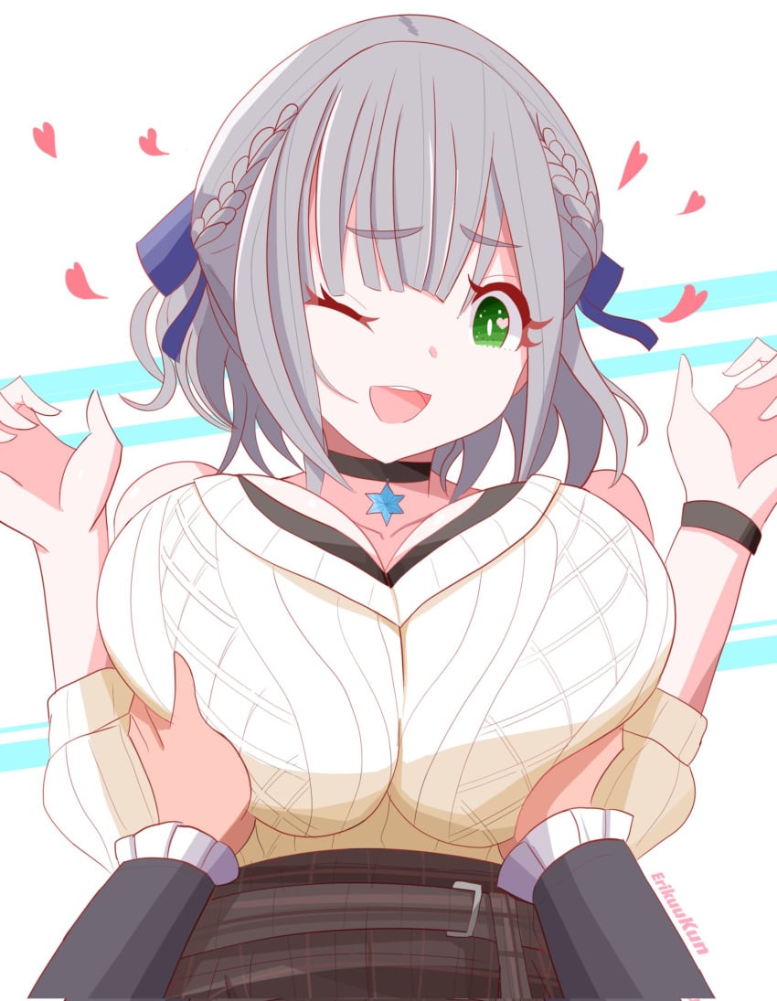 1girls breasts choker erikuukun green_eyes grey_hair hololive huge_breasts looking_at_viewer shirogane_noel squeezing tagme wink