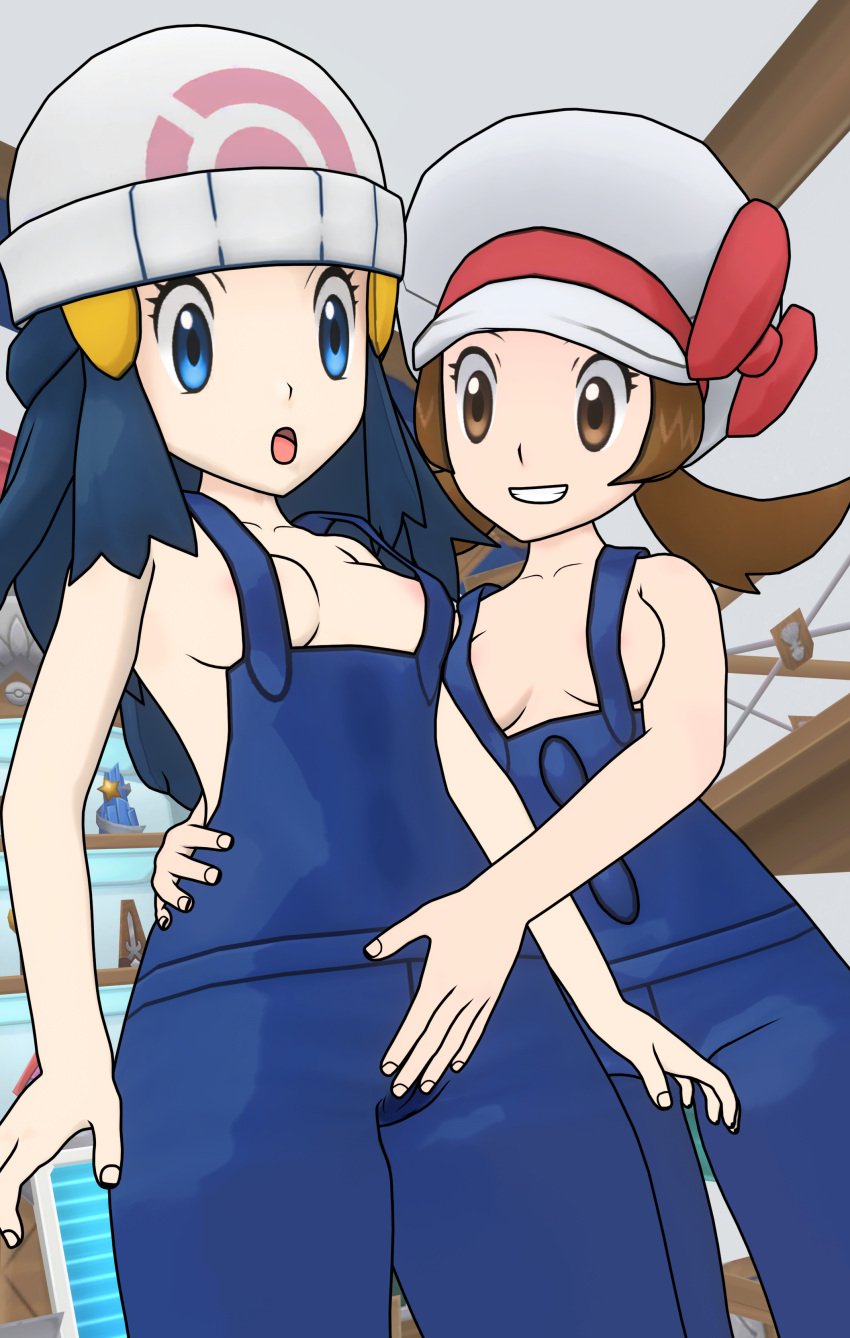 2girls 3d blue_eyes blue_hair brown_eyes brown_hair dawn_(pokemon) hand_on_hip human human_only light-skinned_female light_skin lyra_(pokemon) nintendo overalls overalls_only pokemon pokemon_dppt pokemon_hgss rubbing_pussy saucemon7 self_upload standing wet_spot yuri