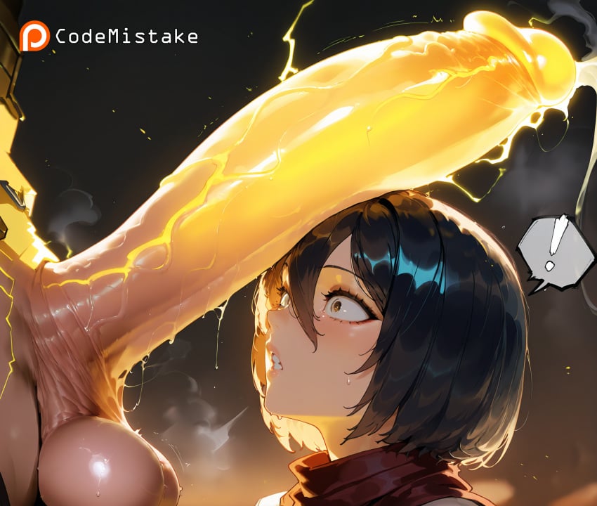 1boy 1girl1boy ai_generated attack_on_titan black_hair clenched_teeth codemistake electrified exclamation_mark female gigantic_penis glowing_penis large_testicles mikasa_ackerman patreon patreon_logo patreon_reward patreon_url penis_awe scarf shingeki_no_kyojin