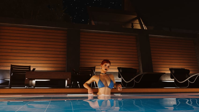 1girls 3d aurore_cassel bikini black_lips black_lipstick blue_bikini breasts cd_projekt_red cyberpunk_2077 light-skinned_female light_skin night red_hair short_hair swimming_pool swimwear wet wet_skin