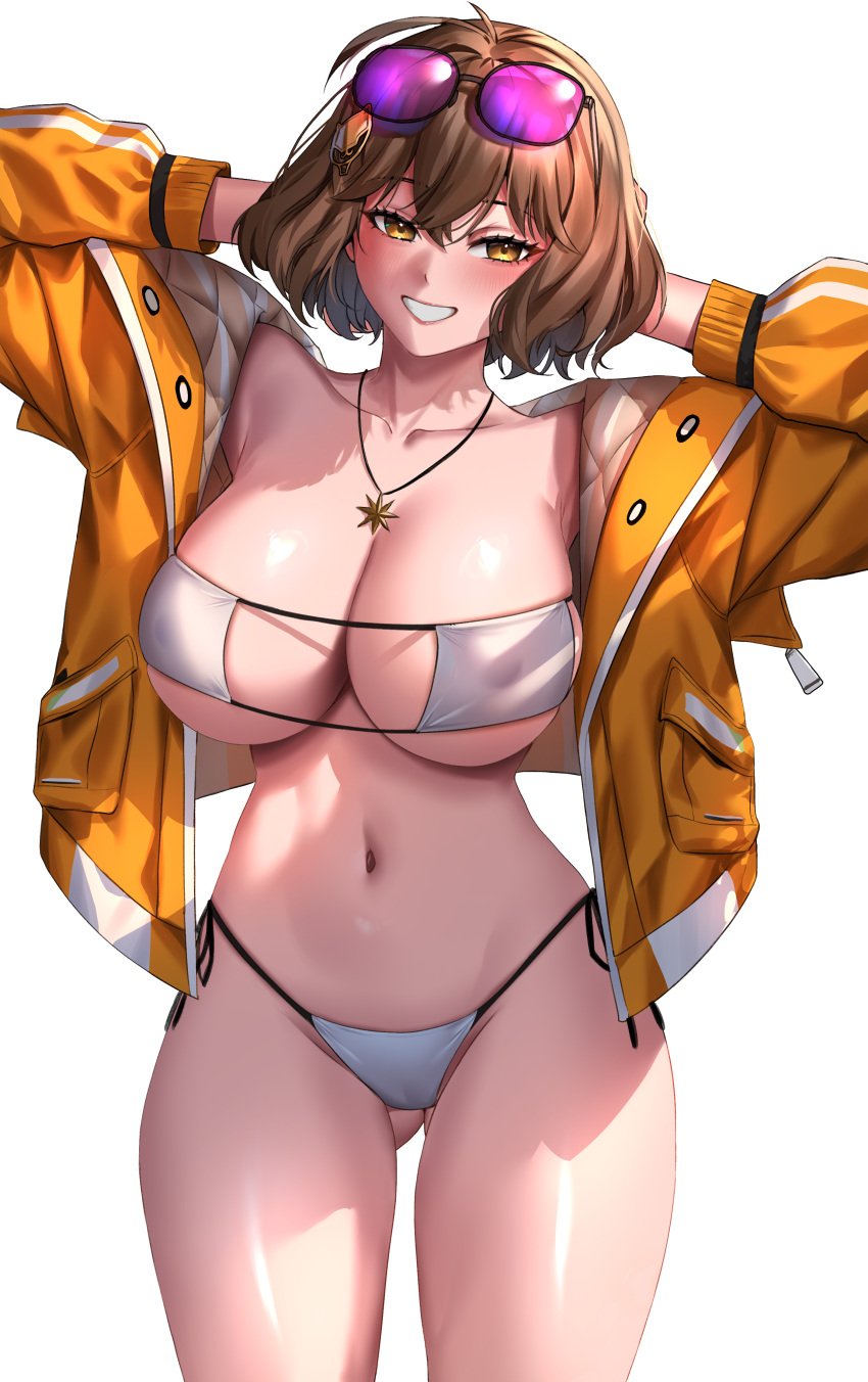 1girl 1girls anis_(nikke) anis_(sparkling_summer)_(nikke) big_breasts big_thighs bikini breasts brown_eyes brown_hair enmanuelart20 female female_focus female_only goddess_of_victory:_nikke huge_breasts huge_thighs large_breasts light-skinned_female light_skin massive_breasts short_hair smile solo solo_female solo_focus thick_thighs thighhighs thighs