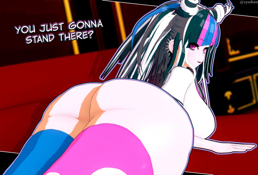 2024 ass big_ass black_hair blue_hair breasts cyshen danganronpa danganronpa_2:_goodbye_despair english_text fat_ass koikatsu legs long_hair looking_at_viewer looking_back mioda_ibuki multicolored_hair pierced_ears piercing piercings pink_eyes pink_hair sailor_uniform school_uniform stockings text thick_thighs thighs waiting white_hair