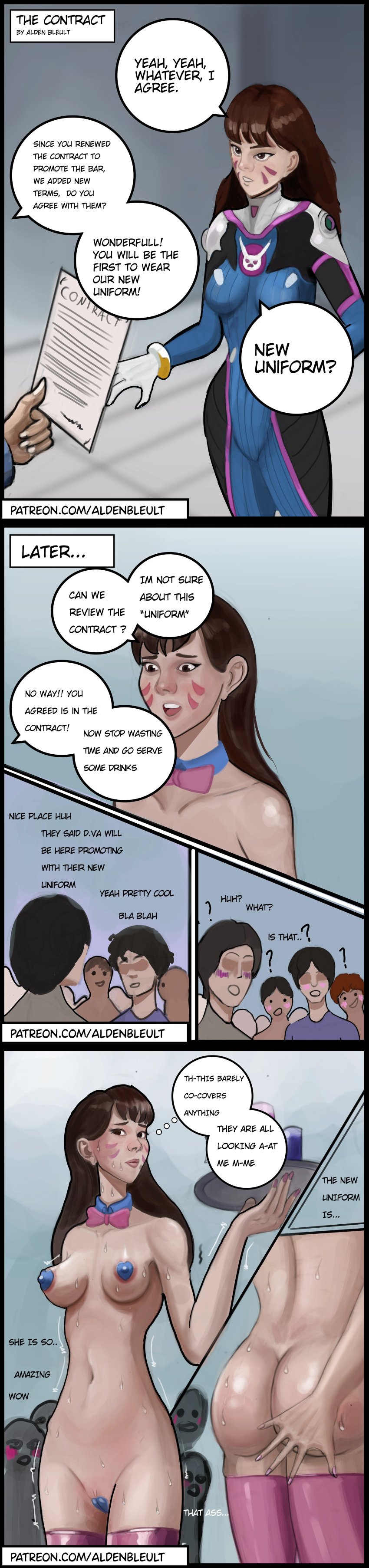 aldenbleult areola areolae ass breasts comic d.va d.va_(overwatch_2) embarrassed embarrassed_nude_female embarrassing_outfit enf female maebari overwatch overwatch_2 page_1 pasties pussy skimpy_clothes