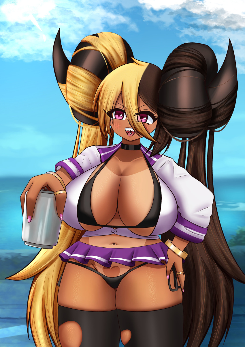 1girls absurd_res aife_(zanamaoria) big_breasts big_horns bikini bikini_under_clothes black_thighhighs blonde_hair blush bracelets brown_hair choker curved_horns ender_qube female female_only gyaru hair_on_horn hand_on_hip heart_tan horns open_mouth pink_eyes smile solo succubus tan_body tan_skin tanline thick_thighs thighhighs tongue_piercing two_tone_hair upper_teeth very_long_hair