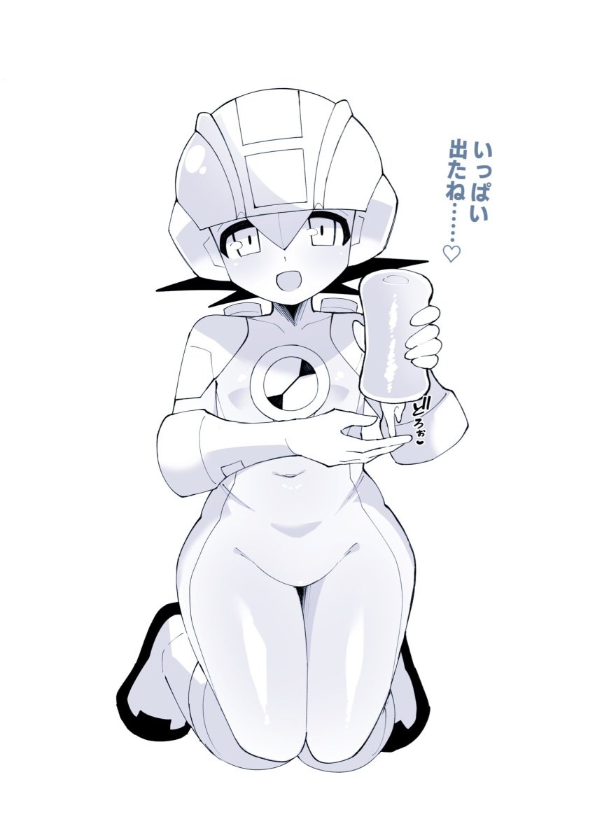 1boy artificial_vagina bodysuit femboy kneeling kokemega male_only mega_man mega_man_battle_network megaman.exe monochrome sex_toy