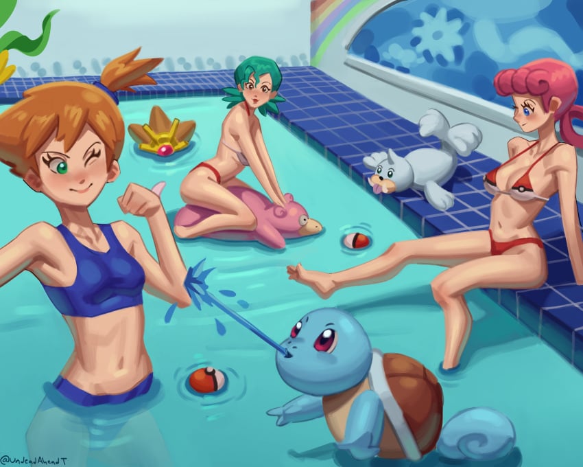 3girls afloat asymmetrical_hair barefoot bikini blue_bikini blue_eyes blue_swimsuit blush breasts cleavage closed_mouth eyelashes feet food gen_1_pokemon green_eyes green_hair gym_leader high_resolution huge_breasts kasumi_(pokemon) large_breasts legs long_hair looking_at_another looking_at_viewer medium_breasts misty_(pokemon_rgby) multiple_girls navel nurse_joy officer_jenny_(pokemon) one_eye_closed open_mouth orange_hair partially_submerged pink_hair poke_ball poke_ball_(basic) pokemon pokemon_(anime) pokemon_(classic_anime) ponytail pool psyduck red_bikini red_eyes red_hair red_swimsuit ripples seel short_hair side_ponytail sitting slowpoke small_breasts smile soaking_feet sports_bikini sportswear squirtle staryu swimsuit thighs tied_hair twintails undeadaheadt water wink