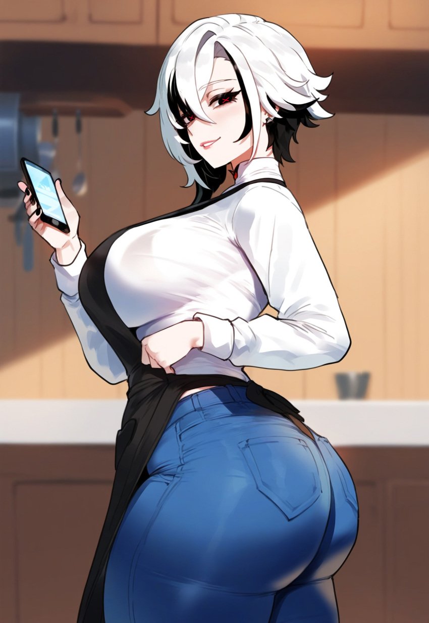 ai_generated apron arlecchino_(genshin_impact) ass bangs black_apron black_eyes black_hair black_pants blue_pants blurry blush breasts cellphone censored clothing collared_shirt counter denim female genshin_impact hair_between_eyes holding holding_phone indoors jeans jewelry large_breasts long_sleeves looking_at_viewer looking_back miyuai mosaic_censoring multicolored_hair pants parted_lips phone red_pupils shirt short_hair smartphone smile solo standing streaked_hair symbol-shaped_pupils thiccwithaq_(ai_style) thighs tight tight_pants two-tone_hair white_hair white_shirt x-shaped_pupils