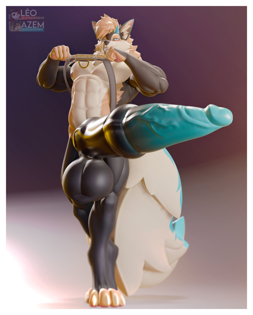 3d_(artwork) abs anthro azem_(azemkek) azemkek balls barazoku big_balls big_penis big_tail blue_penis canid canine chest_harness darkened_genitalia digital_media_(artwork) dragon draksune fox genitals harness harness_only hi_res huge_balls huge_cock hybrid hyper hyper_balls hyper_genitalia hyper_penis leg_markings male mammal markings medial_ring muscular muscular_anthro muscular_male mythological_creature mythological_scalie mythology pecs penis scalie service_top_harness socks_(marking) solo solo_male tail