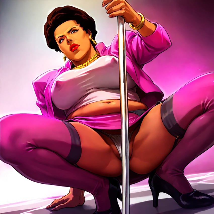 1girls afro ai_generated amanda_waller arm_support belly big_breasts black_clothing black_footwear black_hair black_high_heels bracelet breasts brown_body brown_skin clothed clothed_female clothing crouching dark-skinned_female dark_skin dc dc_comics dutch_angle ear_piercing ear_ring earrings female female_only fingers footwear fully_clothed fully_clothed_female grey_clothing grey_thong grey_underwear hair high_heels jacket jewelry leaning leaning_back legwear lips lipstick looking_at_viewer makeup mature mature_female mature_woman midriff milf miniskirt navel necklace nipple_bulge open_clothing open_jacket piercing pink_clothing pink_jacket pink_legwear pink_miniskirt pink_skirt pink_thigh_highs pink_thighhighs pole pose red_lips red_lipstick shirt short_hair skirt slightly_chubby slightly_chubby_female solo solo_female squatting stripper_pole suicide_squad suicide_squad_isekai thick_lips thick_thighs thigh_highs thighhighs thong underwear upskirt white_clothing white_shirt