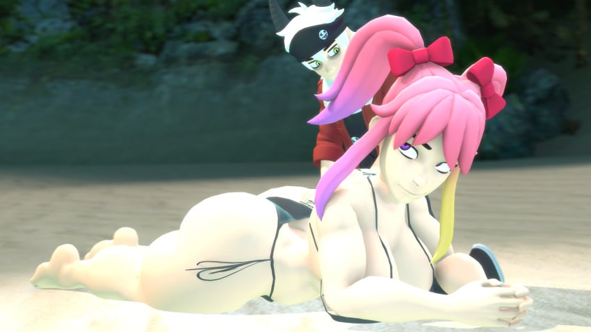 3d 3d_(artwork) beach big_ass big_butt bikini butt_cheeks butt_crack idiotboxangel kaizo_(smg4) massage saiko_bichitaru_(smg4) smg4