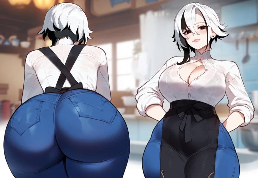 1girls ai_generated apron arlecchino_(genshin_impact) arms_behind_back ass ass_focus back bangs black_apron black_eyes black_hair black_pants blue_pants blurry breasts button_gap buttons censored chef cleavage clothing collared_shirt completely_nude counter curvaceous curvaceous_female curvaceous_figure curvy curvy_figure denim dress_shirt earrings female female_focus from_behind genshin_impact hair_between_eyes high-waist_pants huge_ass indoors jeans jewelry large_breasts long_sleeves looking_at_viewer looking_back miyuai mosaic_censoring multicolored_hair pants pantylines parted_lips red_eyes red_pupils shirt shirt_tucked_in short_hair sleeves_rolled_up smile solo streaked_hair symbol-shaped_pupils thiccwithaq_(ai_style) thick_thighs thighs tight_pants two-tone_hair voluptuous voluptuous_female white_hair white_shirt x-shaped_pupils