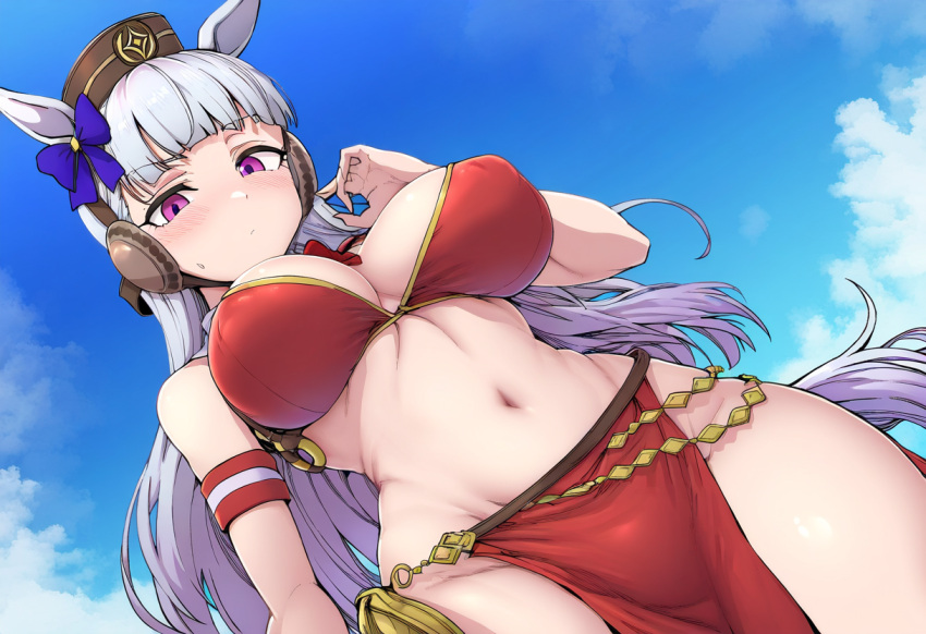 ai_generated animal_ears bikini ear_muffs female gold_ship_(umamusume) horse_girl long_hair pink_eyes ribbon_in_hair silver_hair umamusume umamusume_pretty_derby