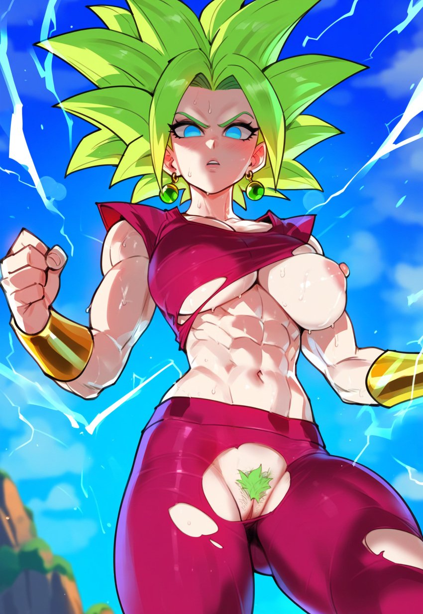 1girl abs ai_generated blue_eyes breasts breasts_out covered_nipples dragon dragon_ball_super electricity empty_eyes female_only green_hair hairy_pussy jagat_ai kefla legendary_super_saiyan muscular_female nipples parted_lips pussy solo solo_focus super_saiyan sweat torn_clothes torn_clothing torn_pants