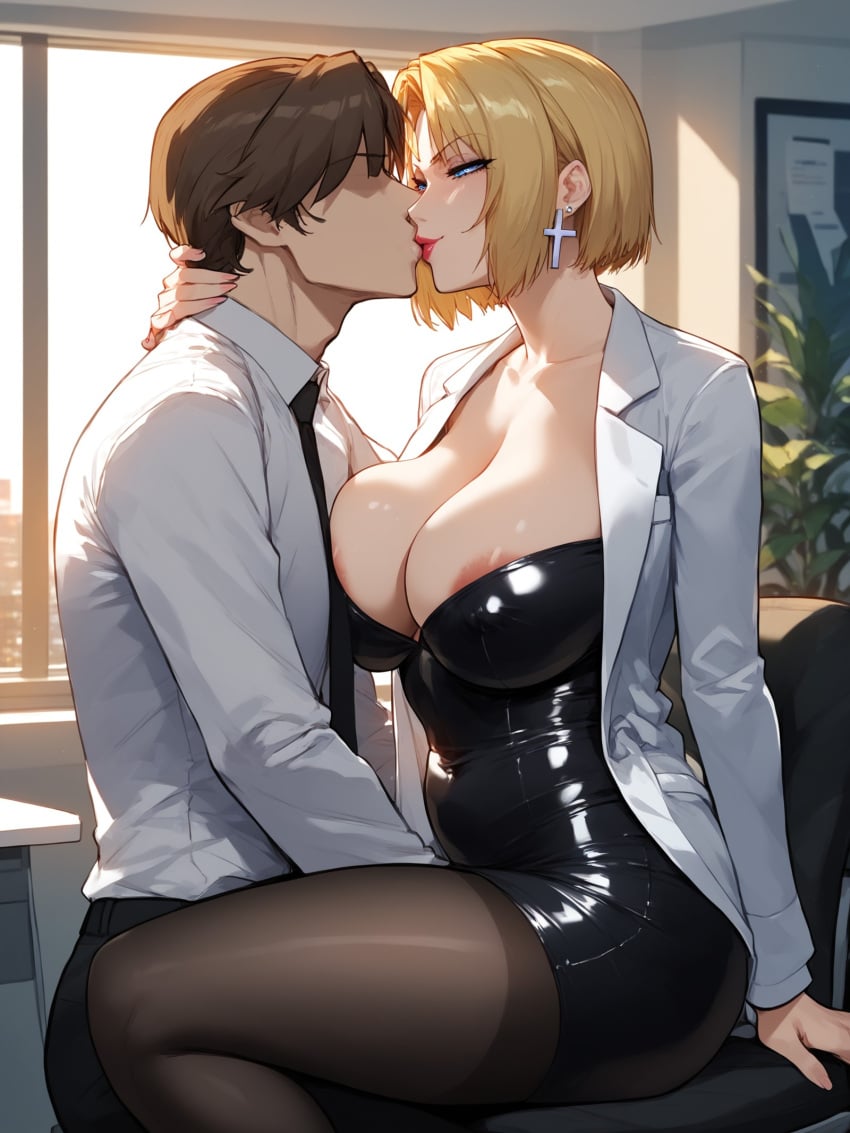 1boy 1girls adult adult_and_teenager age_difference ai_generated areola_slip bible_black bible_black_new_testament blonde_hair blue_eyes blush bob_cut brown_hair cleavage couple cross_earrings dress duo_focus earrings enigmata erect_nipples erect_nipples_under_clothes eyeless eyeless_male female hand_between_legs implied_fingering implied_sex indoors jewelry kissing kitami_reika lab_coat leather lipstick makeup male mature mature_female milf naughty naughty_face naughty_smile necktie nipples office older_female older_woman_and_younger_boy pants pantyhose revealing_clothes school shin_bible_black shirt short_hair sitting skimpy skimpy_clothes standing straight teacher teacher_and_student teenager voluptuous yamanishi_naoto younger_male