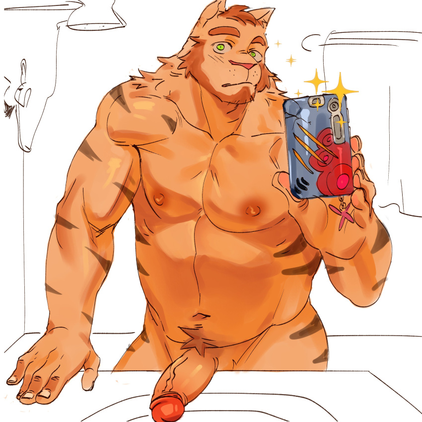 2022 absurd_res anthro arm_tuft bathroom beard biceps cellphone electronics erection facial_hair felid feline genitals green_eyes hi_res holding_cellphone holding_object holding_phone holding_smartphone humanoid_genitalia humanoid_penis inside looking_at_viewer male mammal maruikito musclegut muscular navel nipples pantherine pecs penis phone pubes selfie shoulder_tuft slightly_chubby smartphone solo standing striped_body stripes taking_selfie tiger triceps tuft vein veiny_penis