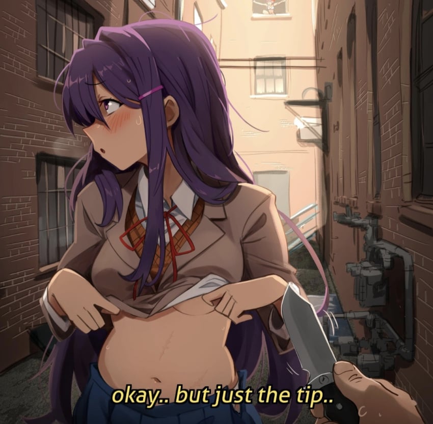 blush doki_doki_literature_club female female_only flashing imminent_rape khyleri knife looking_away navel parody questionable_consent sayori_(doki_doki_literature_club) scar self_harm_scars shy solo yuri_(doki_doki_literature_club)