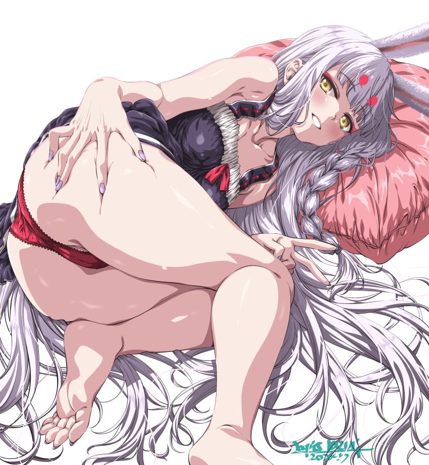 1girls absurdres animal_ears ass azur_lane bare_legs barefoot black_dress braid breasts covered_erect_nipples dress eyeshadow feet female from_above full_body grabbing_own_ass grin hand_up highres lace lace-trimmed_panties lace_trim legs_folded light-skinned_female light_skin long_hair looking_at_viewer looking_up lying makeup nail_polish naughty_face on_side painted_toenails panties presenting purple_nails rabbit_ears rabbit_girl red_eyeshadow red_panties sakura_empire_(azur_lane) shimakaze_(azur_lane) single_braid small_breasts smile soles solo thighs toenail_polish toes umyonge_(lkakeu) underwear v very_long_hair white_hair yellow_eyes