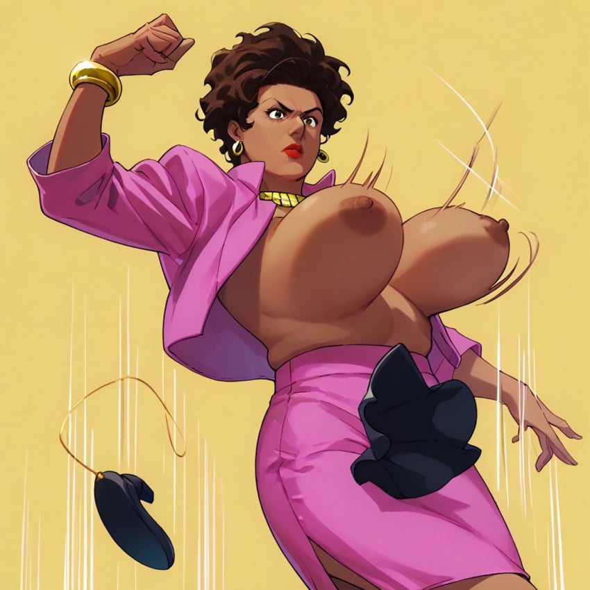 1girls afro ai_generated amanda_waller areola areolae big_areola big_areolae big_breasts big_nipples black_eyes black_hair bouncing_breasts bracelet breasts brown_body brown_skin clothed clothing dancing dark-skinned_female dark_skin dc dc_comics ear_piercing ear_ring earrings female female_only fingers hair jacket jewelry mature mature_female mature_woman milf motion_lines necklace nipples no_bra open_clothes open_jacket piercing pink_clothing pink_jacket pink_skirt short_hair simple_background skirt solo solo_female standing suicide_squad suicide_squad_isekai surprise surprised surprised_expression thick_thighs topless topless_female wardrobe_malfunction yellow_background