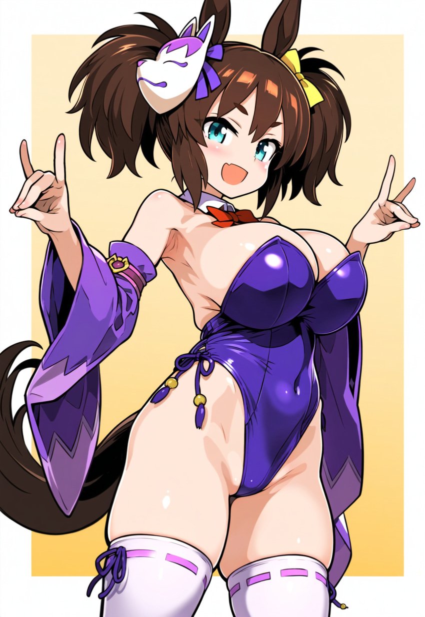 ai_generated animal_ears big_breasts brown_hair bunnysuit female green_eyes hair_accessory hair_ornament horse_girl inari_one_(umamusume) twintails umamusume umamusume_pretty_derby