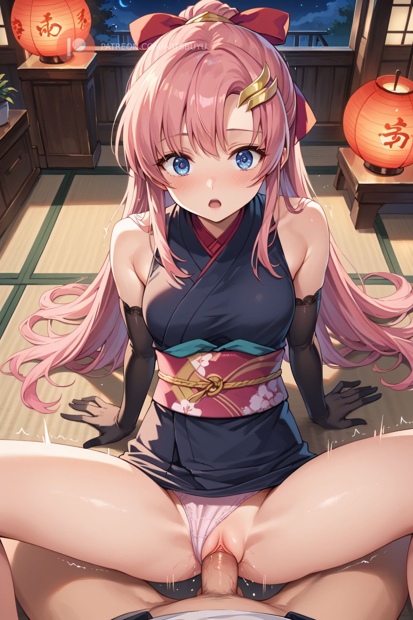 1boy 1girls ai_generated artsbuyu bangs bare_shoulders black_gloves blue_eyes blush elbow_gloves gloves gundam gundam_seed hair_between_eyes hair_ornament hi_res japanese_clothes kimono lacus_clyne long_hair looking_at_viewer medium_breasts missionary_position mobile_suit_gundam motion_lines open_mouth panties panties_aside penis pink_hair pussy sex shaking spread_legs stable_diffusion straight straight surprised vaginal_penetration vaginal_penetration