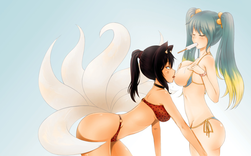 2girls ahri animal_ears bikini blush breasts female forscience fox_ears fox_girl fur furry_ears furry_tail humanoid ice_cream kemonomimi league_of_legends multiple_girls multiple_tails nipples sona_buvelle swimsuit tail vastaya yuri