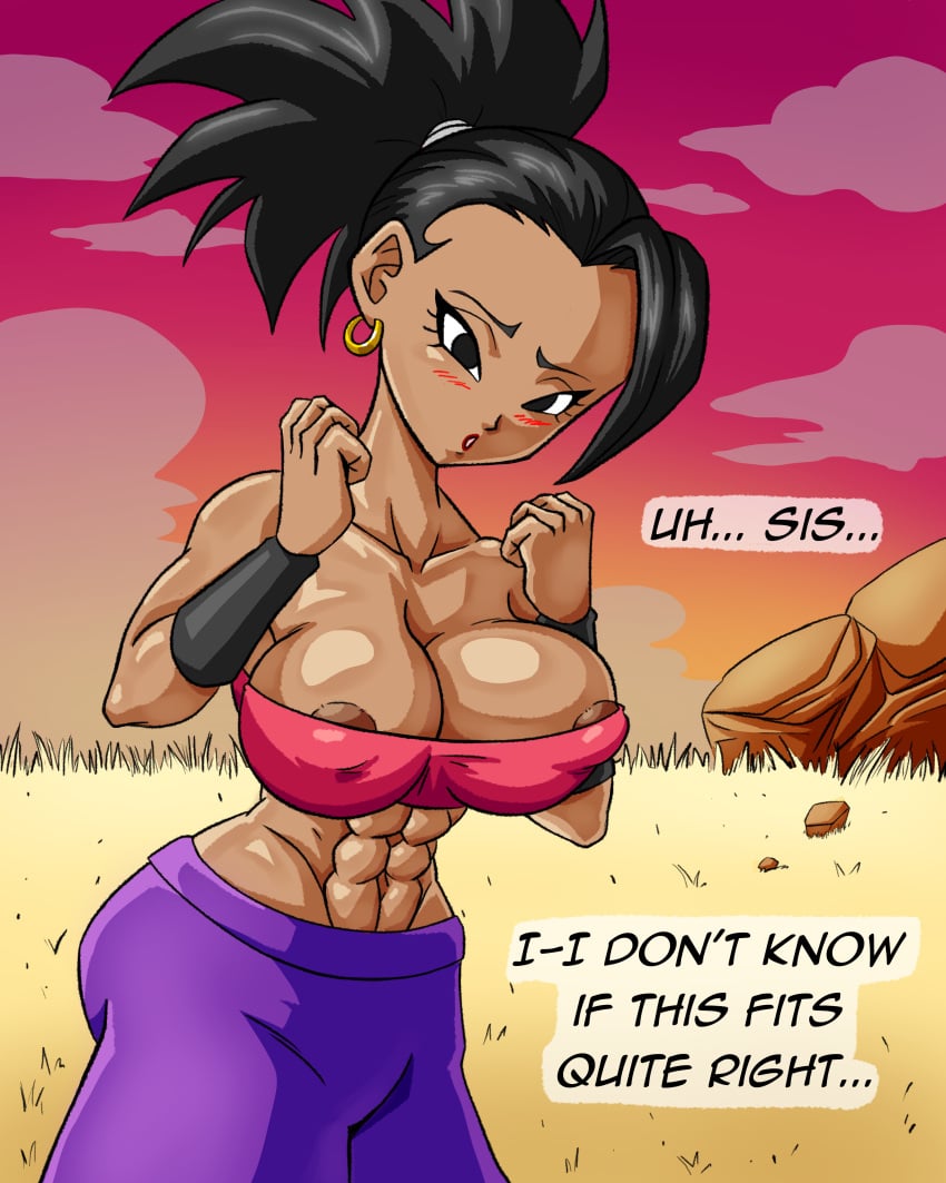 1girls abs big_breasts blonde_hair caulifla_(cosplay) cosplay dragon_ball dragon_ball_super embarrassed english_text female female_only kale muscular_female nipples_visible_through_clothing ponytail shy solo superspacewarrior tan_body text