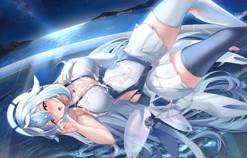 absurdres arm_up armpit_crease asymmetrical_legwear azur_lane bare_shoulders black_thighhighs blue_eyes blue_hair breasts cleavage constellation_(azur_lane) covered_navel cum cum_on_body cum_on_breasts cum_on_clothes dress elbow_gloves facial female gloves hair_between_eyes halo hand_on_own_chest headgear highres jewelry large_breasts light_blush lingshalan long_hair looking_at_viewer lying lying_on_water miniskirt mismatched_legwear moonlight mountainous_horizon night night_sky ocean on_back open_mouth ring skirt sky sleeveless sleeveless_dress solo star_(sky) starry_sky thighhighs thighs white_dress white_thighhighs wings