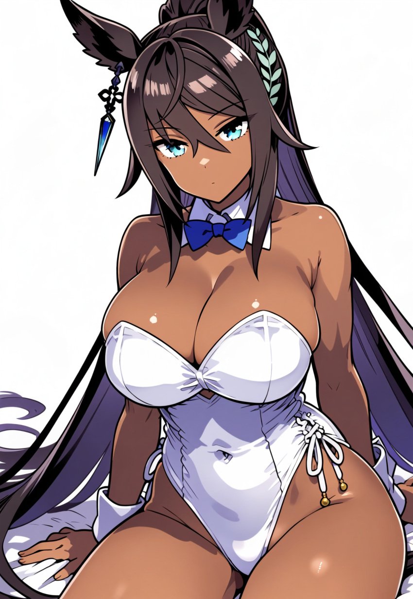 ai_generated animal_ears black_hair blue_eyes brown_skin brown_skinned_female bunnysuit female horse_girl long_hair ponytail symboli_kris_s_(umamusume) umamusume umamusume_pretty_derby