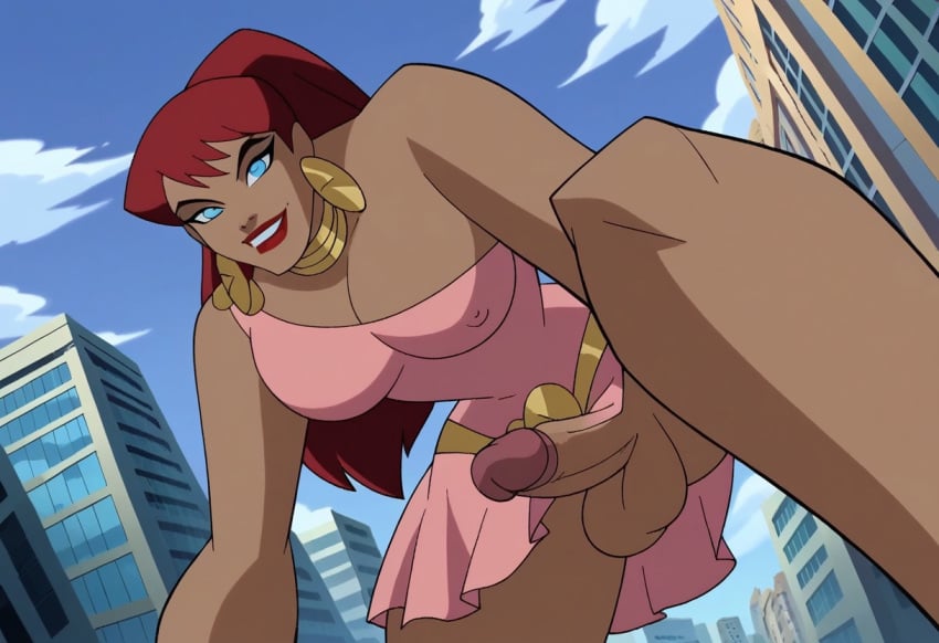 1futa ai_generated balls big_penis city dc_comics futa_giantess futanari giant giantess giganta gigantic_breasts justice_league_unlimited long_hair mostly_nude penis red_hair solo