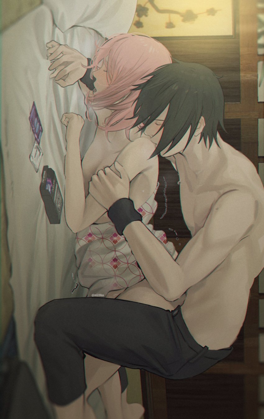 1boy 1girls absurdres bed black_hair black_pants boruto:_naruto_next_generations breasts closed_eyes condom condom_wrapper female floral_print_kimono highres human indoors japanese_clothes kimono kissing lying male naruto_(series) niku_(ni23ku) on_bed on_stomach open_mouth pants pillow pink_hair sakura_haruno sex small_breasts spiked_hair straight topless_male uchiha_sasuke white_kimono