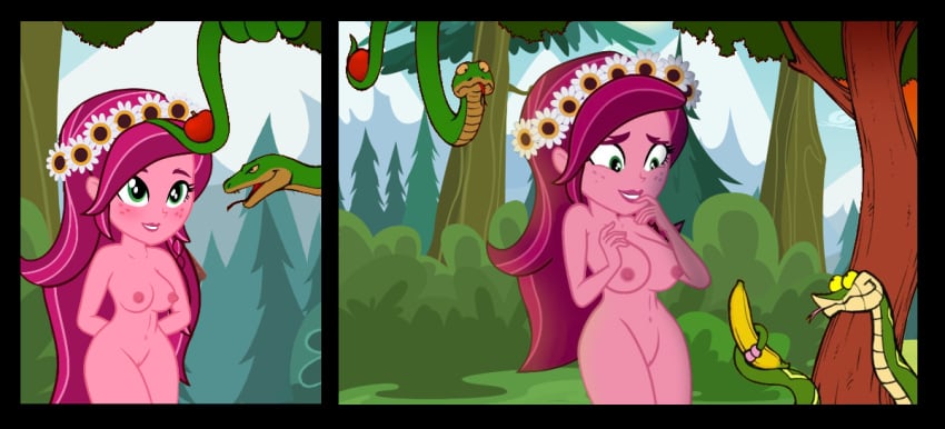 adam_and_eve apple banana breasts casual catholic christianity completely_nude equestria_girls eve female floral_head_wreath flower flower_in_hair fruit garden_of_eden gloriosa_daisy_(eg) hasbro human legend_of_everfree my_little_pony nipples nudist nudity public_domain reptile serpent snake vulva