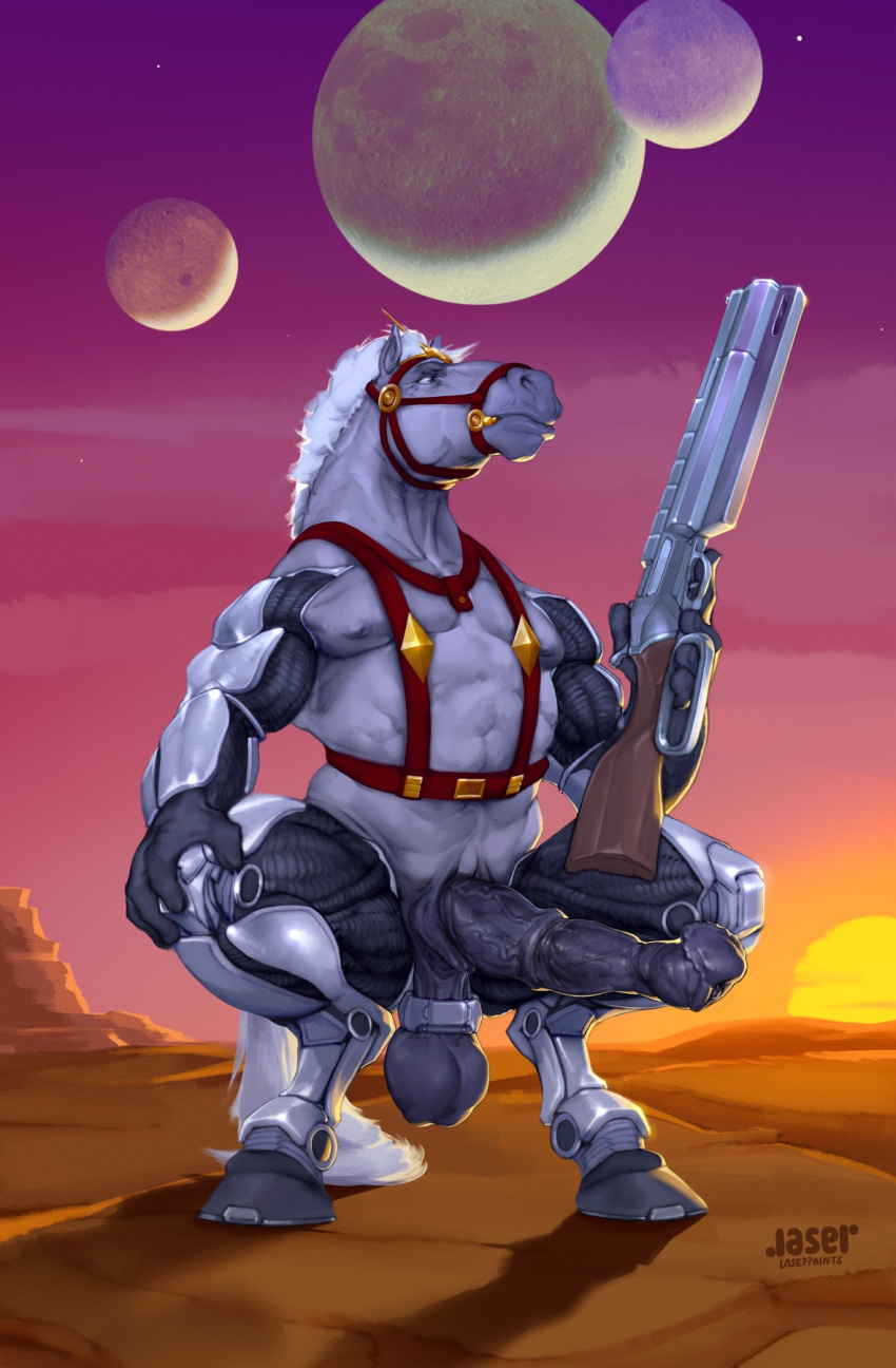 anthro ball_ring ball_stretcher balls big_balls big_penis black_balls black_penis bravestarr casual crouching cybernetic_arm cybernetic_leg cybernetic_limb cybernetics cyborg detailed_background equid equine erection firearm genitals genitalwear grey_body gun hair hand_on_knee hand_on_leg hand_on_own_knee hand_on_own_leg harness hi_res holding_gun holding_object holding_ranged_weapon holding_rifle holding_weapon hooves horse huge_cock laser_(artist) machine male male_only mammal medial_ring muscular muscular_anthro muscular_male nipples penis ranged_weapon shotgun solo tactical_nudity thirty_thirty vein veiny_penis weapon white_hair