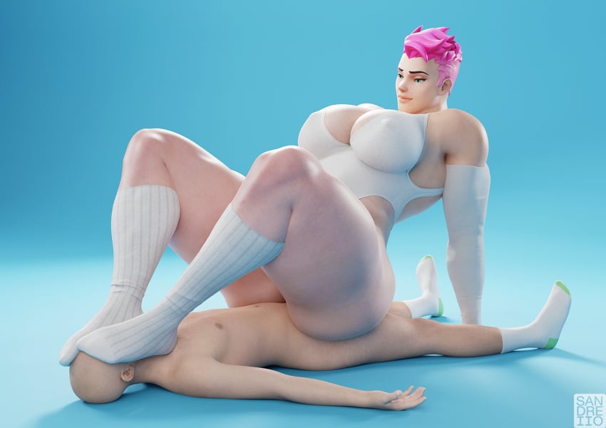 1boy 1girl 3d 3d_(artwork) arm_gloves arm_support blue_background feet feet_on_face feet_together female femdom green_eyes hetero knees_apart large_breasts leaning_back legs lips looking_down muscles muscular muscular_female no_shoes nose one-piece_swimsuit overwatch pink_hair sandreiio short_hair sitting_on_person swimsuit thick_thighs white_gloves white_socks white_swimsuit zarya