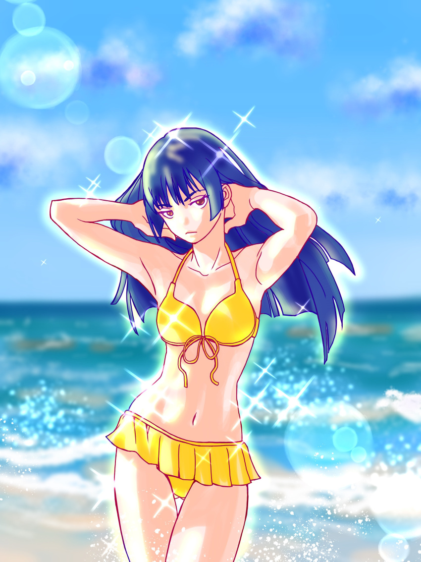 alternate_costume armpits arms_up beach benrinnes_maiko bikini blue_hair female female_only gintama hime_cut imai_nobume long_hair looking_at_viewer small_breasts solo swimsuit thigh_gap yellow_bikini