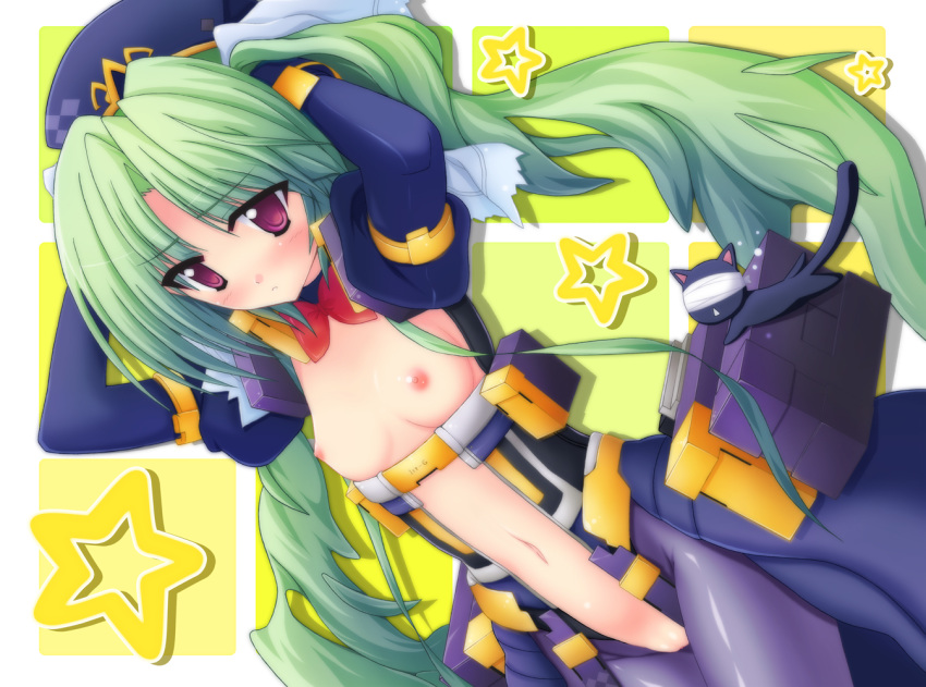 animal black_legwear bodysuit breasts brynhild_schild feline female green_hair hat long_hair midriff nanao_yuki navel nipples owari_no_chronicle purple_eyes pussy solo stars tied_hair twintails uncensored vagina