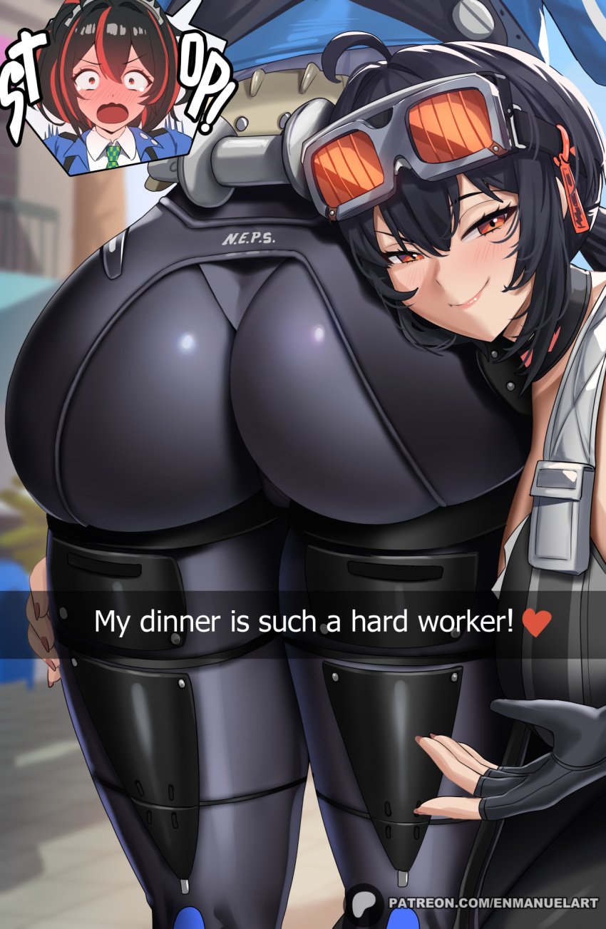 2d 2d_(artwork) 2girls ass ass_focus ass_worship big_ass big_breasts big_thighs black_hair blush breasts cameltoe dialogue embarrassed english_text enmanuelart20 female female_face_near_ass female_focus female_only gigantic_ass gigantic_thighs grace_howard gyatt head_on_ass heels high_heels huge_ass huge_breasts huge_thighs implied_yuri large_ass looking_at_viewer looking_back ponytail text thick_hips thick_thighs thighs tight_clothing wide_hips yuri zenless_zone_zero zhu_yuan